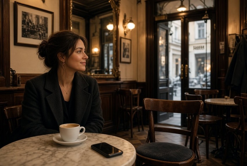 Dating f&uuml;r Berufst&auml;tige in &Ouml;sterreich &ndash; Frau wartet entspannt auf ein diskretes Date im Caf&eacute;