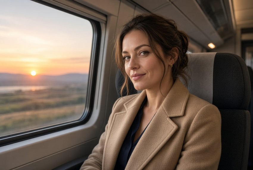 Elegante Frau l&auml;chelt im Zug am Fenster bei Sonnenuntergang &ndash; so funktioniert erfolgreiches Dating f&uuml;r Pendler auf dem Weg zu einem Sextreffen Linz oder Graz.